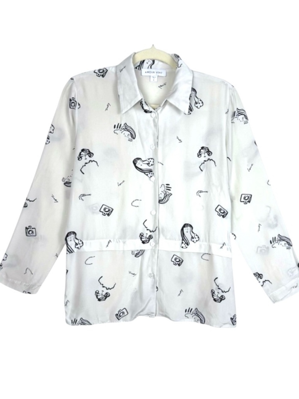 Amour Vert Jodi 100% Silk Doodle Print Button Front Blouse White Black Size S